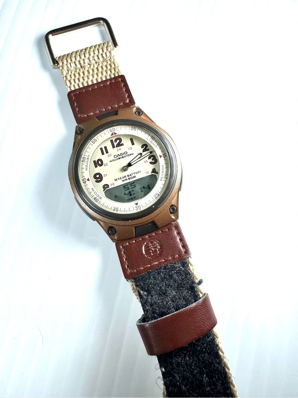 Casio Telememo AW80V-5BV Illuminator Brown Leather and Nylon Hook & Loop Strap